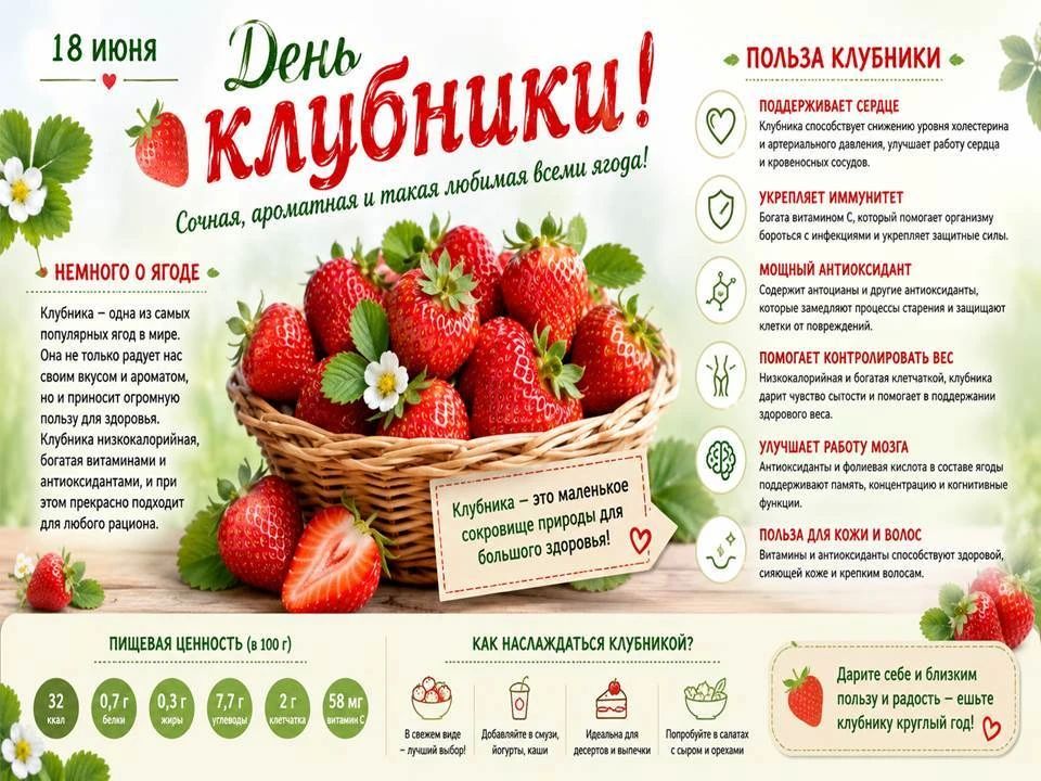 18 июня - День клубники . О пользе данной ягоды читайте в нашей инфографике