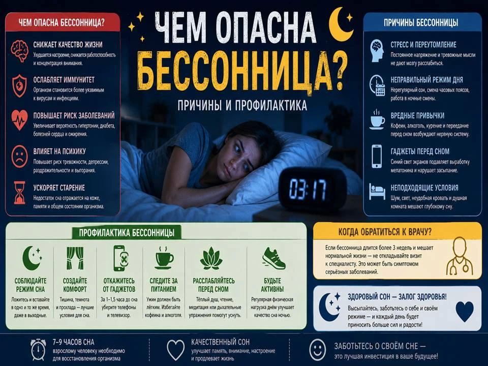 Чем опасна бессонница? В чем ее причины, какая существует профилактика, и последствия она оказывает читайте в нашей инфографике