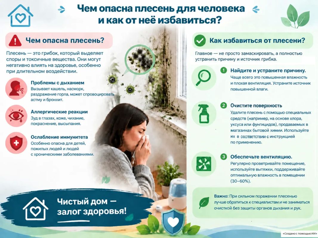 Чем опасна плесень для человека и как от нее избавиться? Читайте в нашей карточке и будьте здоровы! #Санпросвет