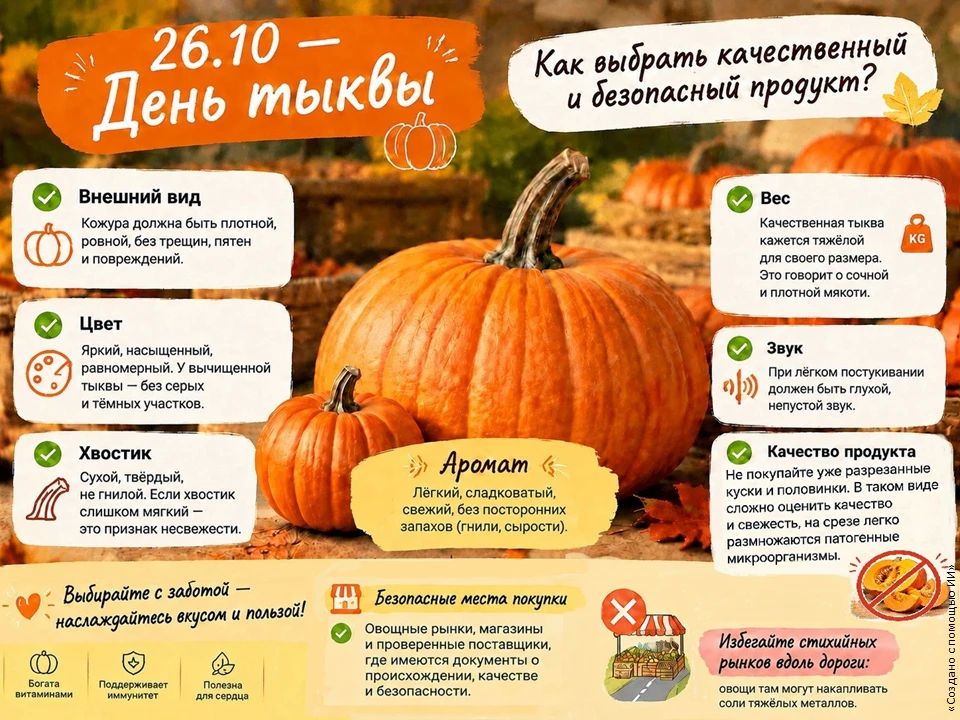 26 октября - День тыквы. Как выбрать качественный и безопасный продукт? Вся полезная информация в нашей карточке # Санпросвет